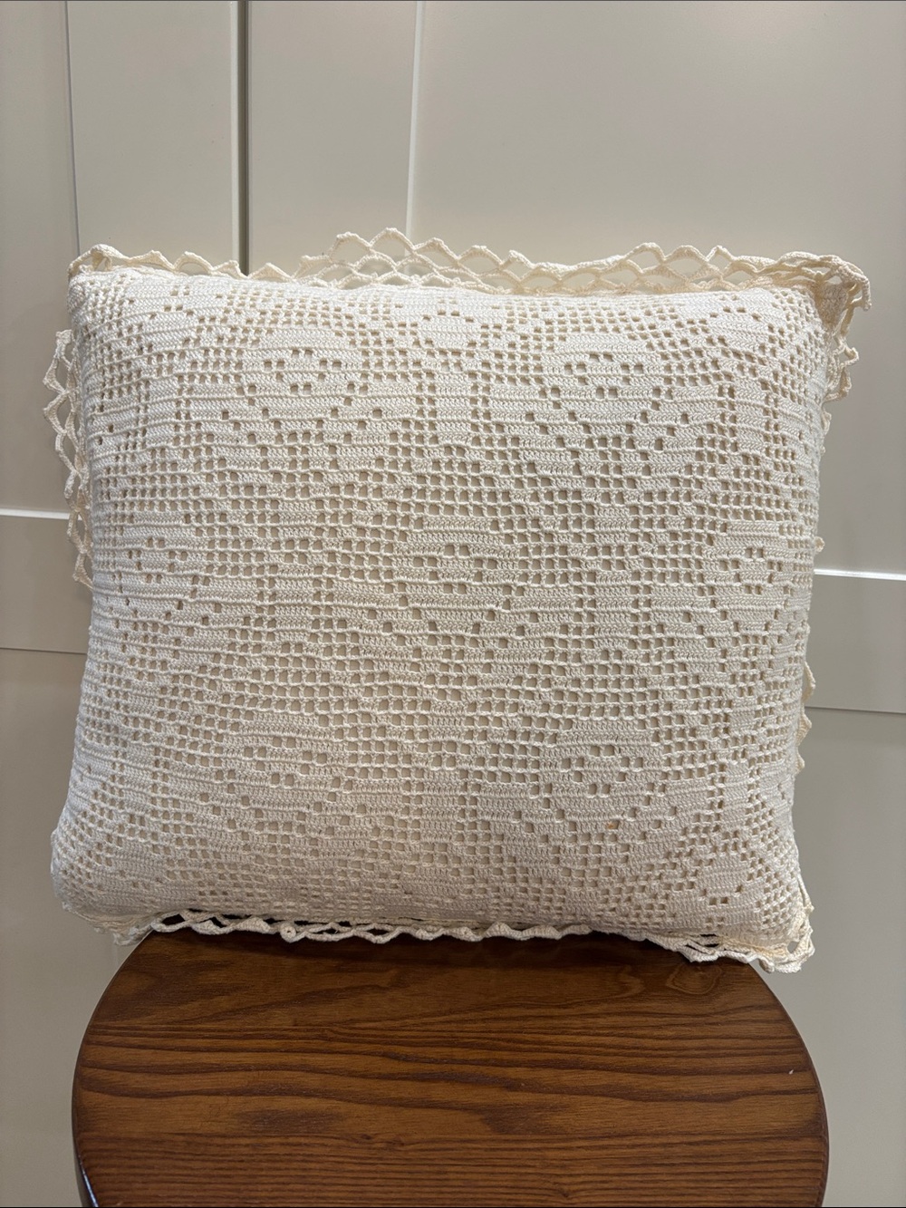 Handmade Crochet Lace Throw Pillow - Cream